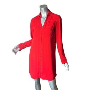 Express Small Portofino Red Shirt Dress Long Roll Tab Sleeve Button Front